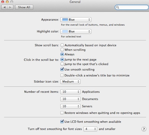 Mac OS X Lion System Preferences General Tab Screenshot